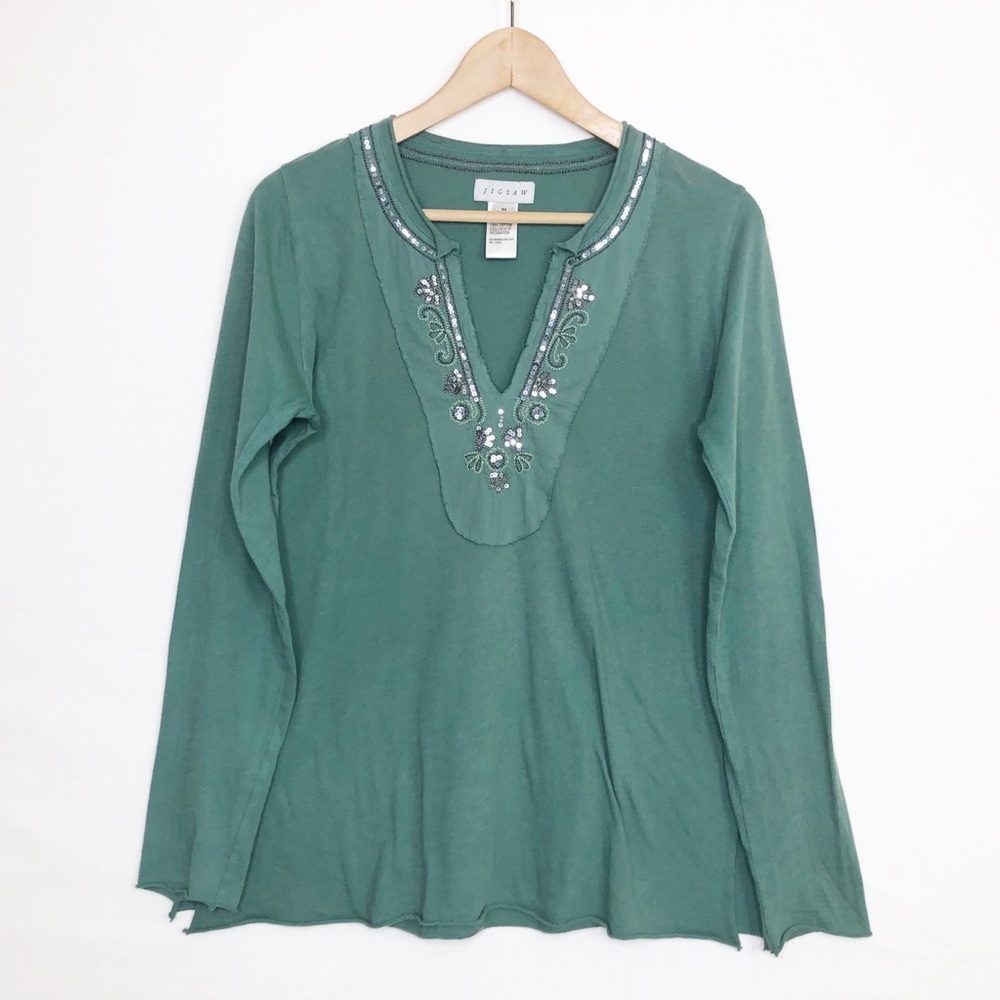 Jigsaw green, long sleeve, V-neck embellish T-shirt - Picture 6 of 7